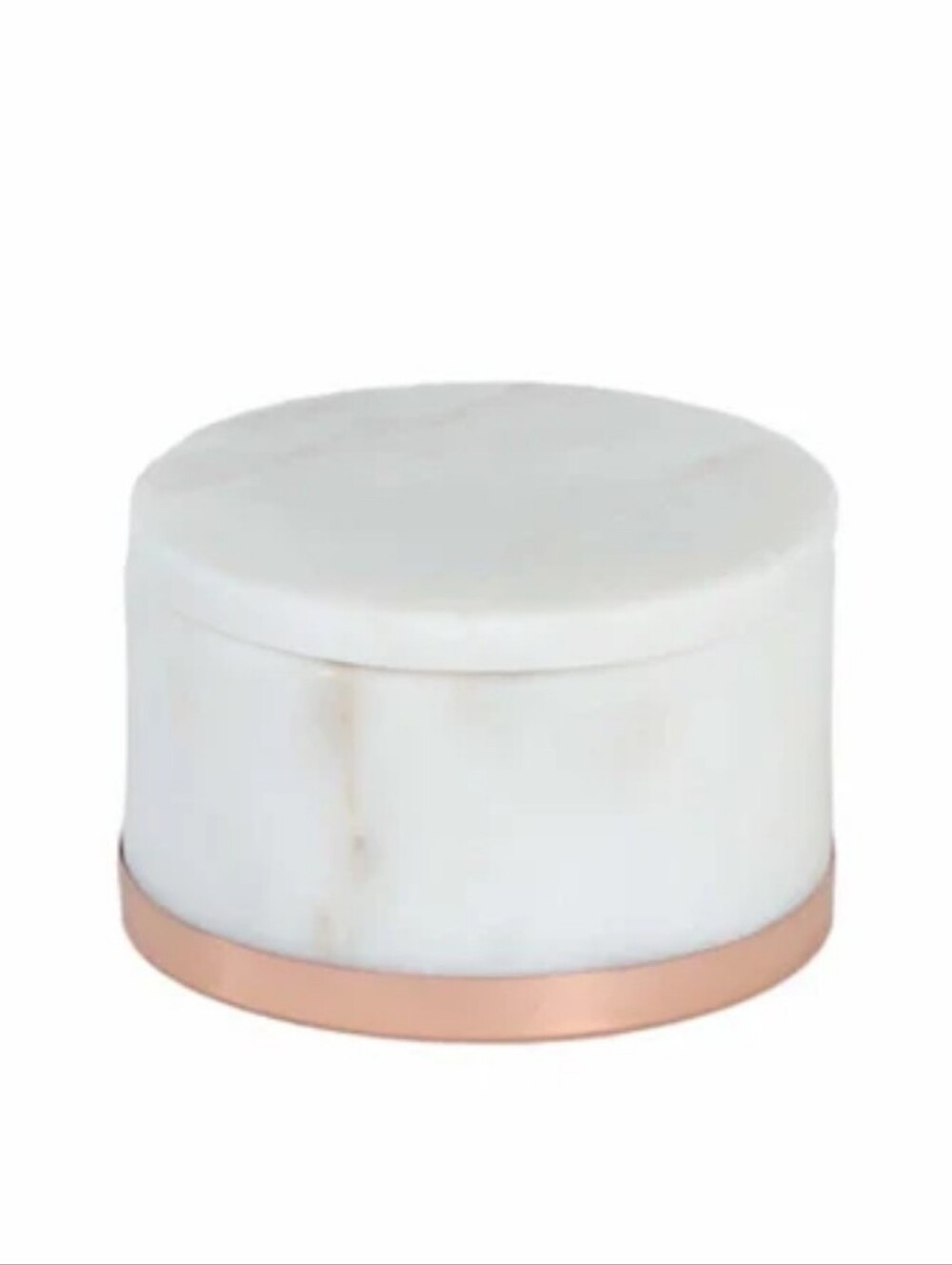 William Sonoma Round White Marble Salt & Pepper Keeper With Copper Base